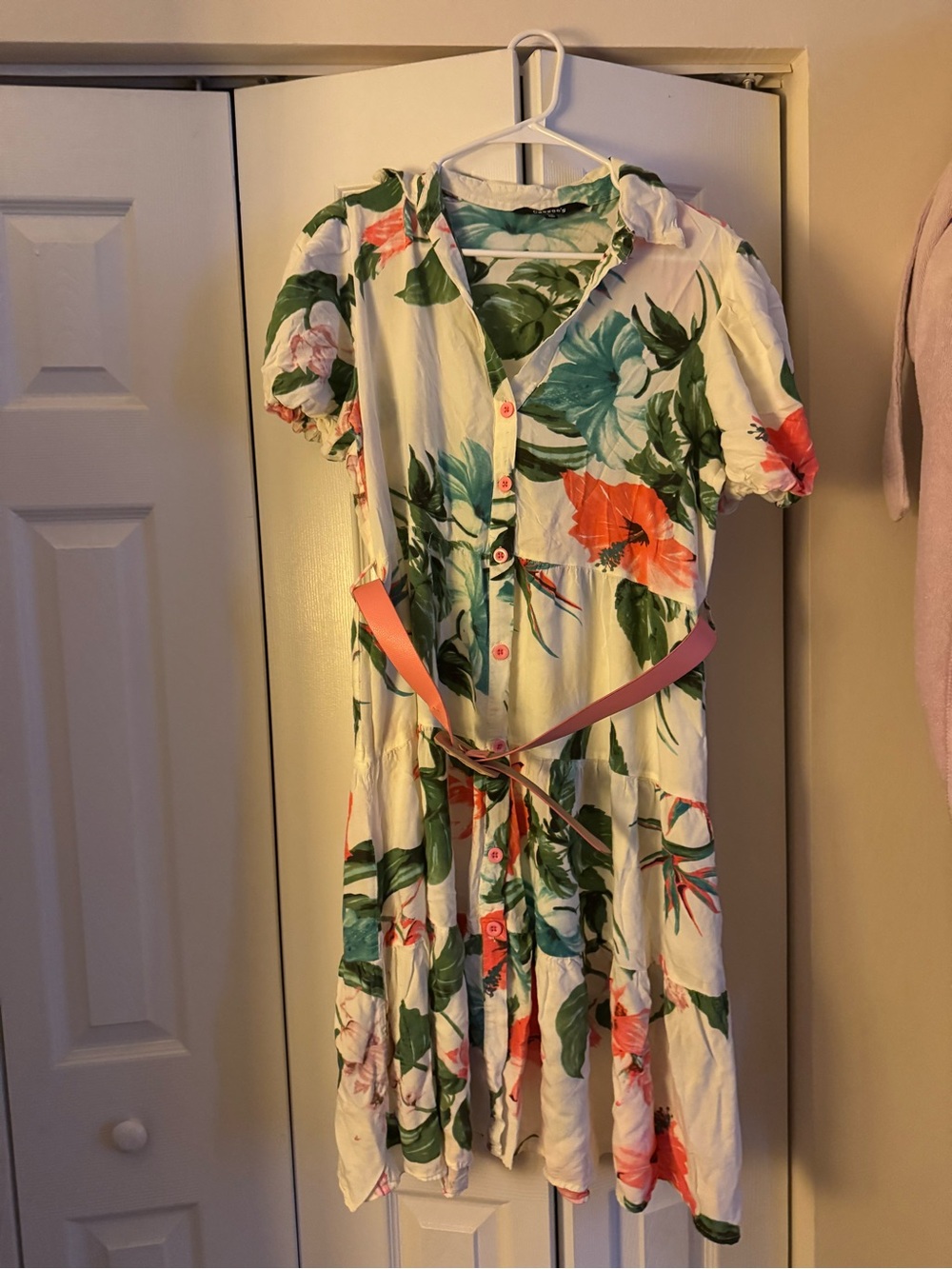 Floral Button-Front White Dress with Green & Coral Print